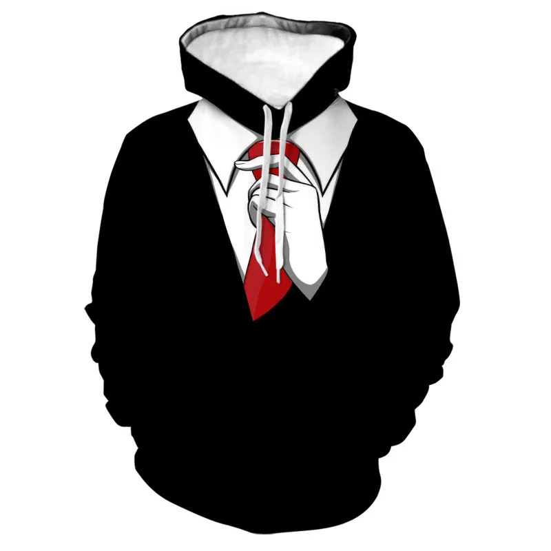 thumbnail image 1 of Sudadera con capucha de traje falso divertida con estampado 3D para hombre, esmoquin con patrón de pajarita, sudaderas casuales de manga larga para cosplay, sudaderas con capucha de calle, 1 of 4