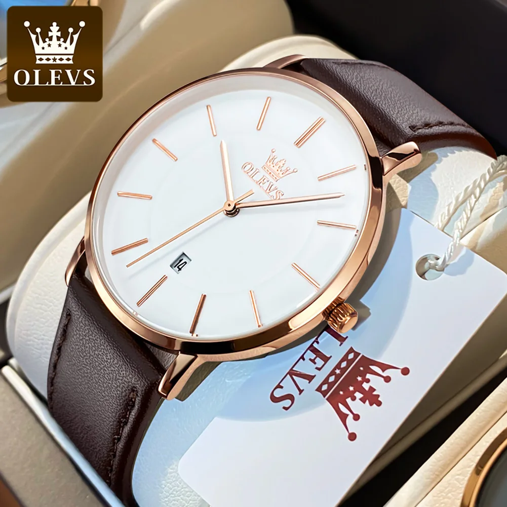OLEVS Fashion Quartz Watch for Men Casual Leather Strap Ultra Thin Men's Watches Date Simple Dial Waterproof Wristwatches Reloj