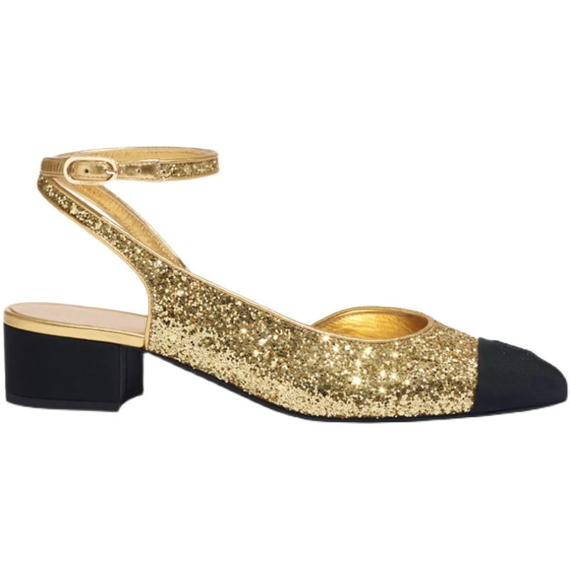 UVRCOSFashionMaryJanesWomenAnkleStrapThickHeelsPumpsGoldGlitterEmbellishedDress