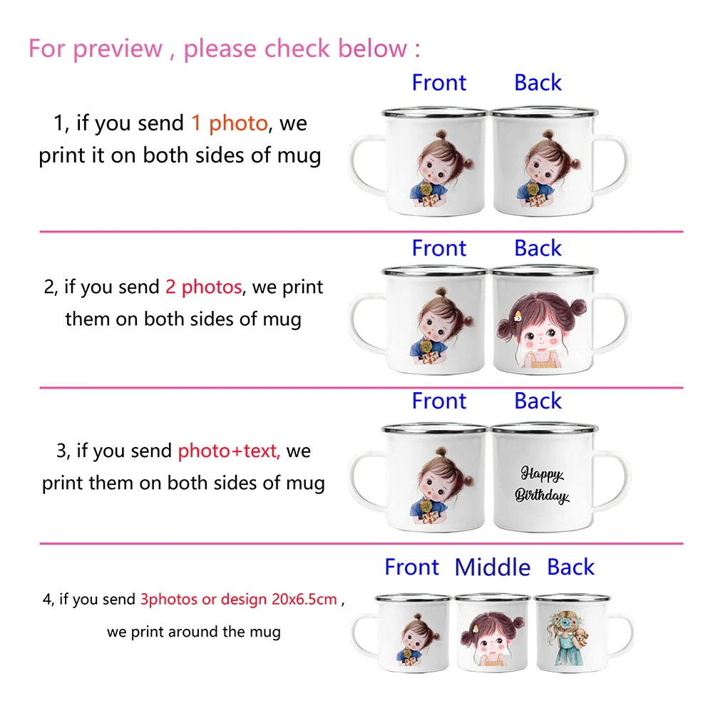 Customized Enamel Mug Print with LOGO Photo Text Office Water Cups Personalize Name Breakfast Milk Tea Coffee Cup 350ml