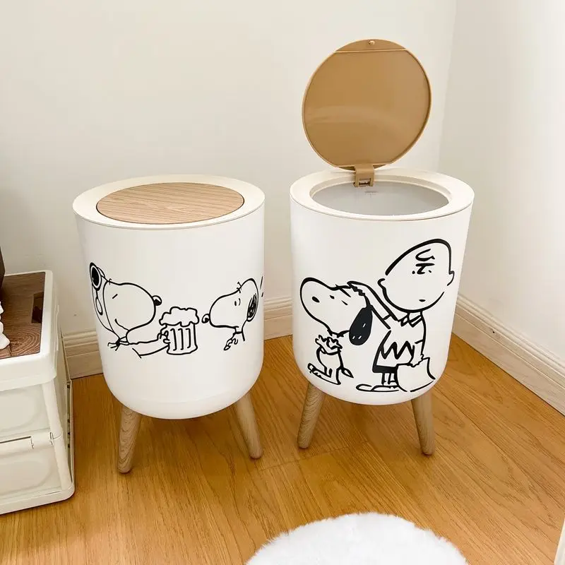 

New Snoopy Trash Can Kawaii Cartoon Household Ins Log Press Spring Cover Garbage Collection Box Bedroom Wastebasket