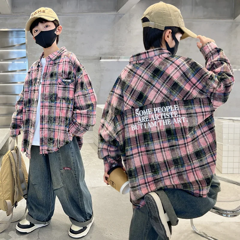 Early Autumn Plaid Shirt Jacket for Boys Loose Fit Children's Clothing Spring Autumn Kids Outfit Streetwear Boy's Top