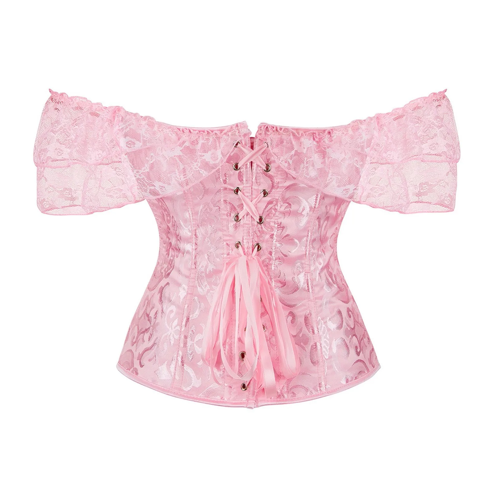 Pink Women Overbust Corset Off Shoulder Floral Print Bustier Top Elegant Vintage Short Sleeves Sexy Outfits Gothic Corselet