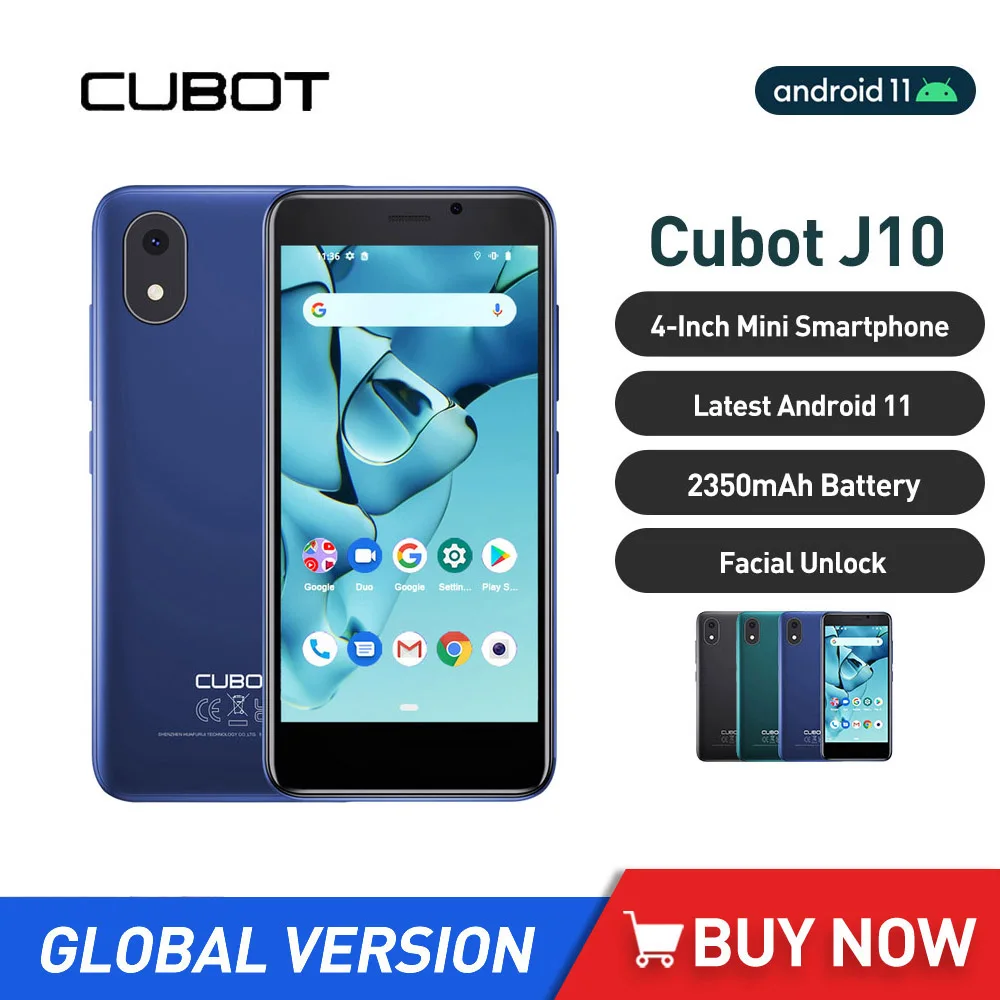 Cubot J10 Android 11 Smartphone 4 Inch Screen Mini Mobile Phone Quad Core 1GB+32GB Dual SIM 3G Phones Face ID 2350mAh 5MP Camera xgody mate10 smartphone android 8 1 5 inch small screen mobile 1gb 8gb mtk6580 quad core 5mp gps wifi 2500mah face id cell phone