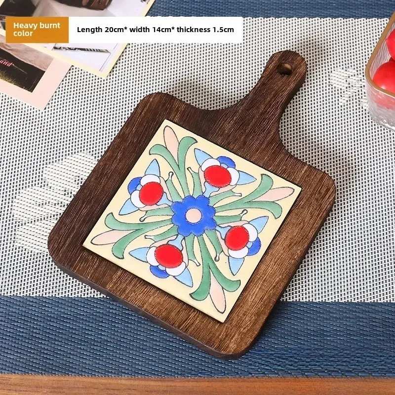 Japanese Restaurant Retro Solid Wood Tile Handle Pot Pad Wooden Anti Scald Plate Pad Household Casserole insulation Wood Pad