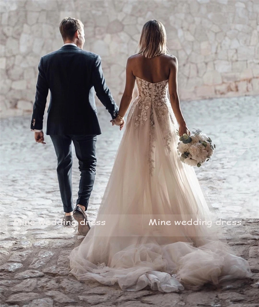 Customized Sheer Lace 3 D Flowers Applique Wedding Dresses Strapless Split Tulle Beach Bridal Gowns With Crystals 5