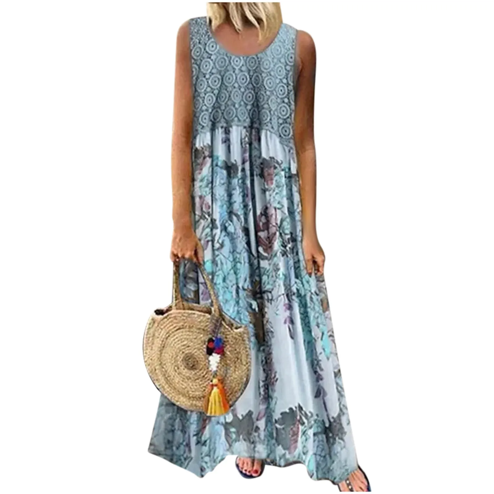 

Women's Printed Dress Color Contrast Patchwork Round Neck Sleeveless Skirt Dress Long Casual for Women