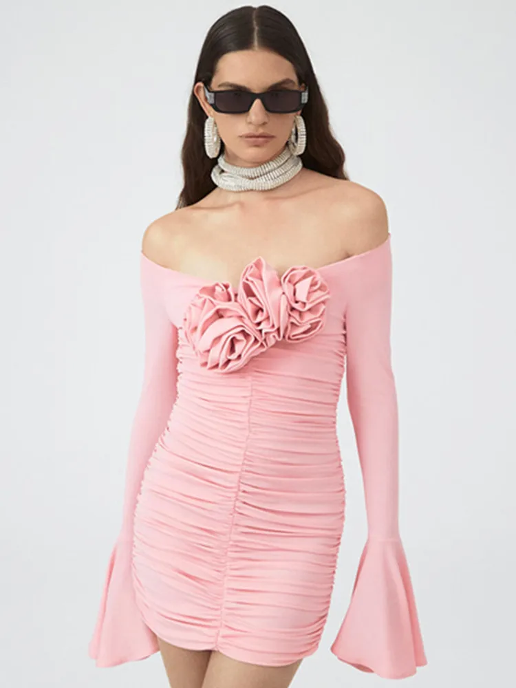 

Women Summer 2023Sexy Long Sleeve Off Shoulder Flower Ruched Pink Mini Dress High Street Celebrity Club Party Dress Vestido