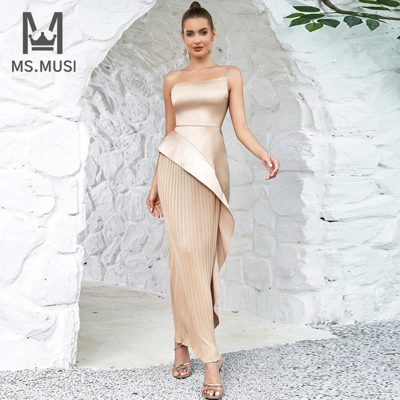 

MSMUSI 2023 New Fashion Women Sexy One Shoulder Falbala Ruffles Draped Sleeveless Backless Bodycon Party Club Maxi Dress Gown