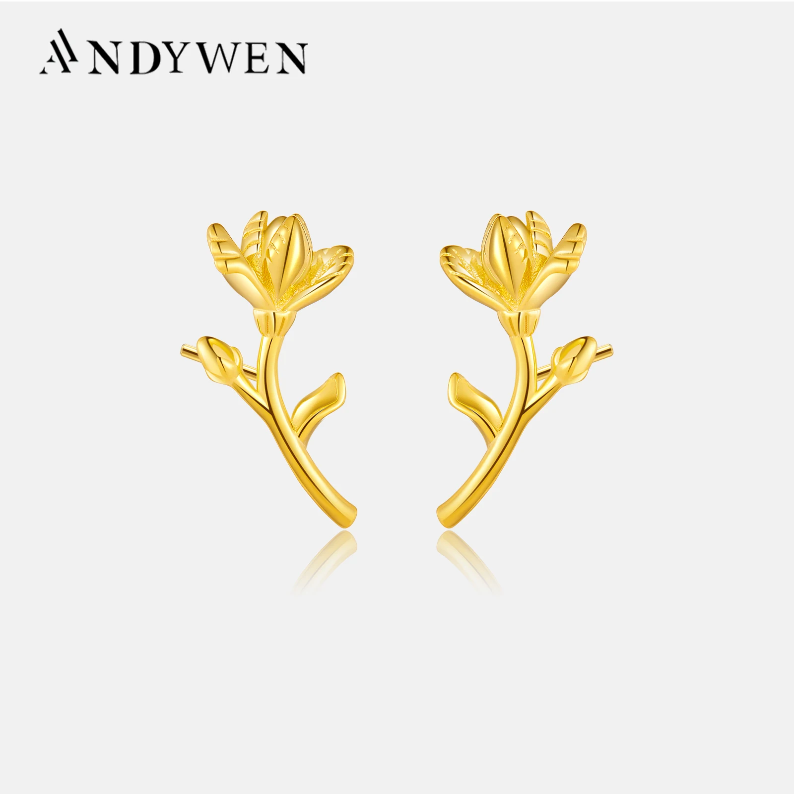 Andywen 100% 925 Sterling Silver Gold Flower Blossom Stud Earring Piercing Pendientes Clips 2024 Spring Luxury Fine Jewels