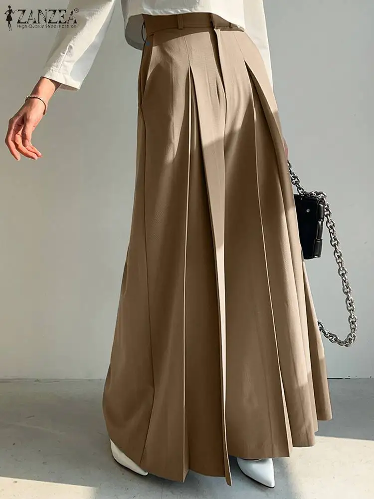 

ZANZEA Fashion High Waist Trousers Autumn Vintage Solid Wide Leg Pants Casual Streetwear Pleated Pantalon Woman OL Work Palazzo