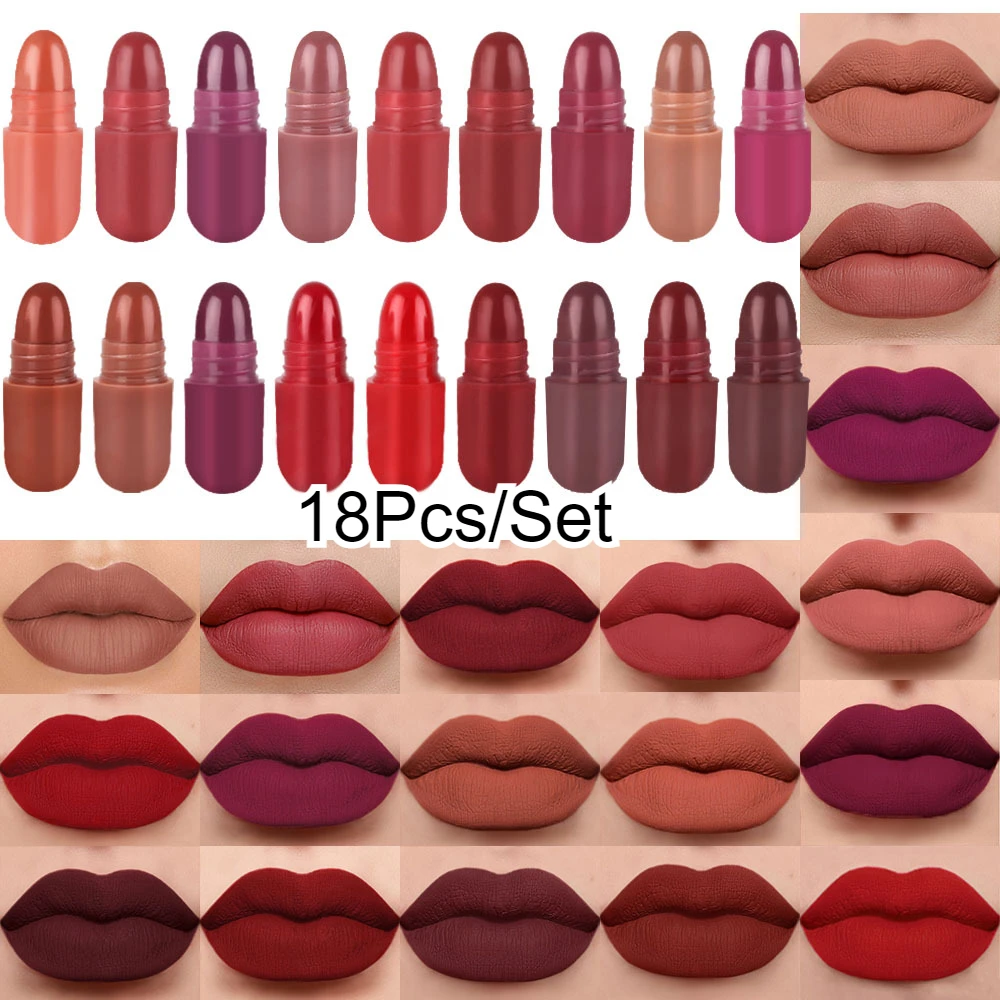 Mini 18Pcs/Set Liquid Lip Gloss Set Waterproof Non-stick Velvet Matte Lipstick Lip Gloss Cosmetic Makeup Care 24Hour Longlasting
