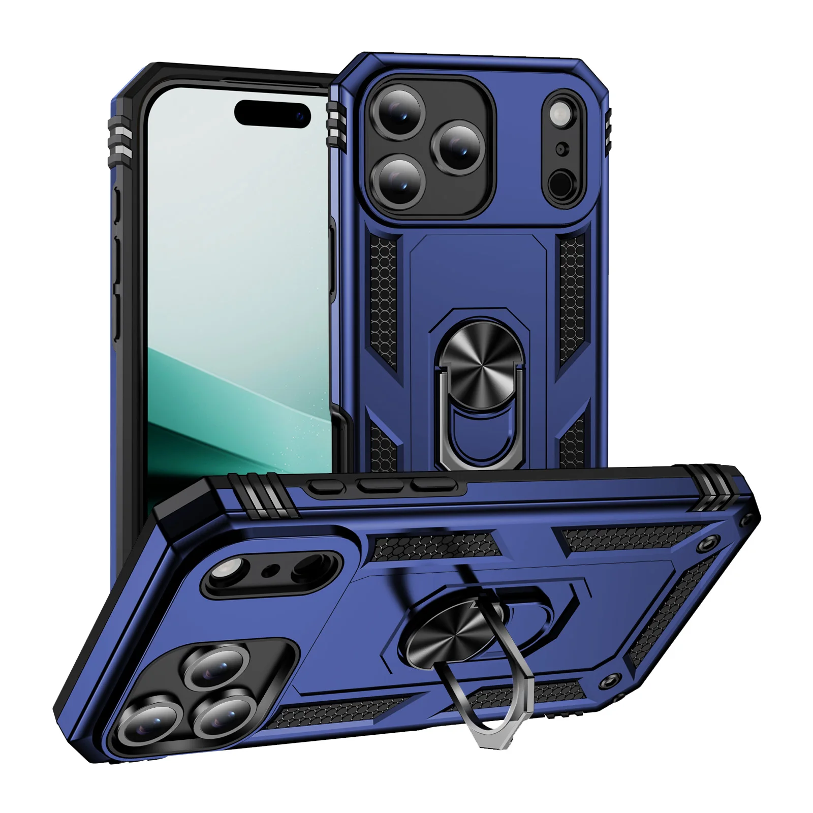 Shockproof Phone Protective Case with Invisible Metal Bracket and Armor Hybrid Ring Cover