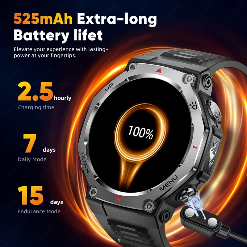LIGE Men's Smart Watch 1.43 inch Ultra HD Screen Amoled 466*466 Pixels 5ATM Waterproof Smartwatch Men Sports Fitness Tracker New