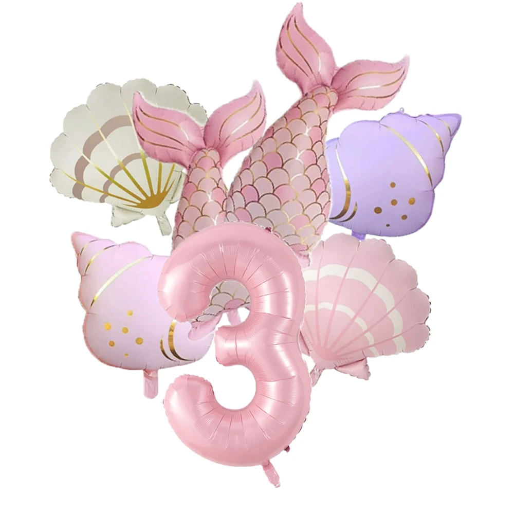 7-teiliges Ozean-Meerjungfrauenschwanz-Muschel-Ballon-Set Rosa 0-9 Zahlen-Folienballons Unterwasser-Geburtstagsparty-Deko Babyparty-Zubehör