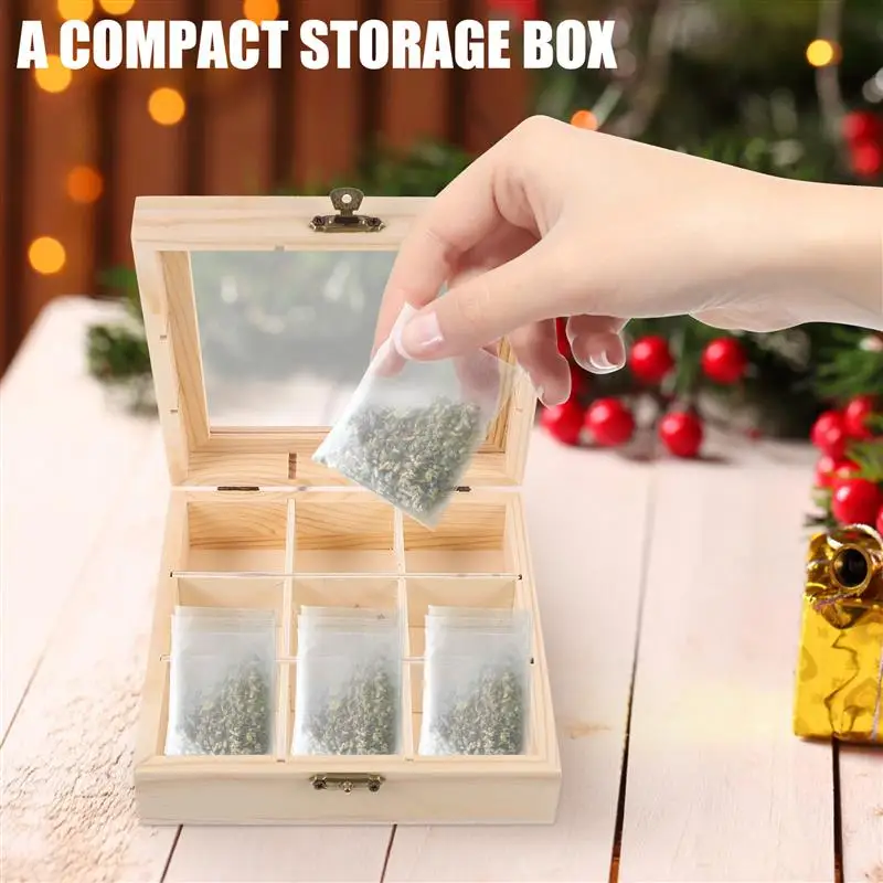 Tea Tin Box 9 Compartments Wooden Tea Bag Storage Box For Sugar Packets Coffee Bag