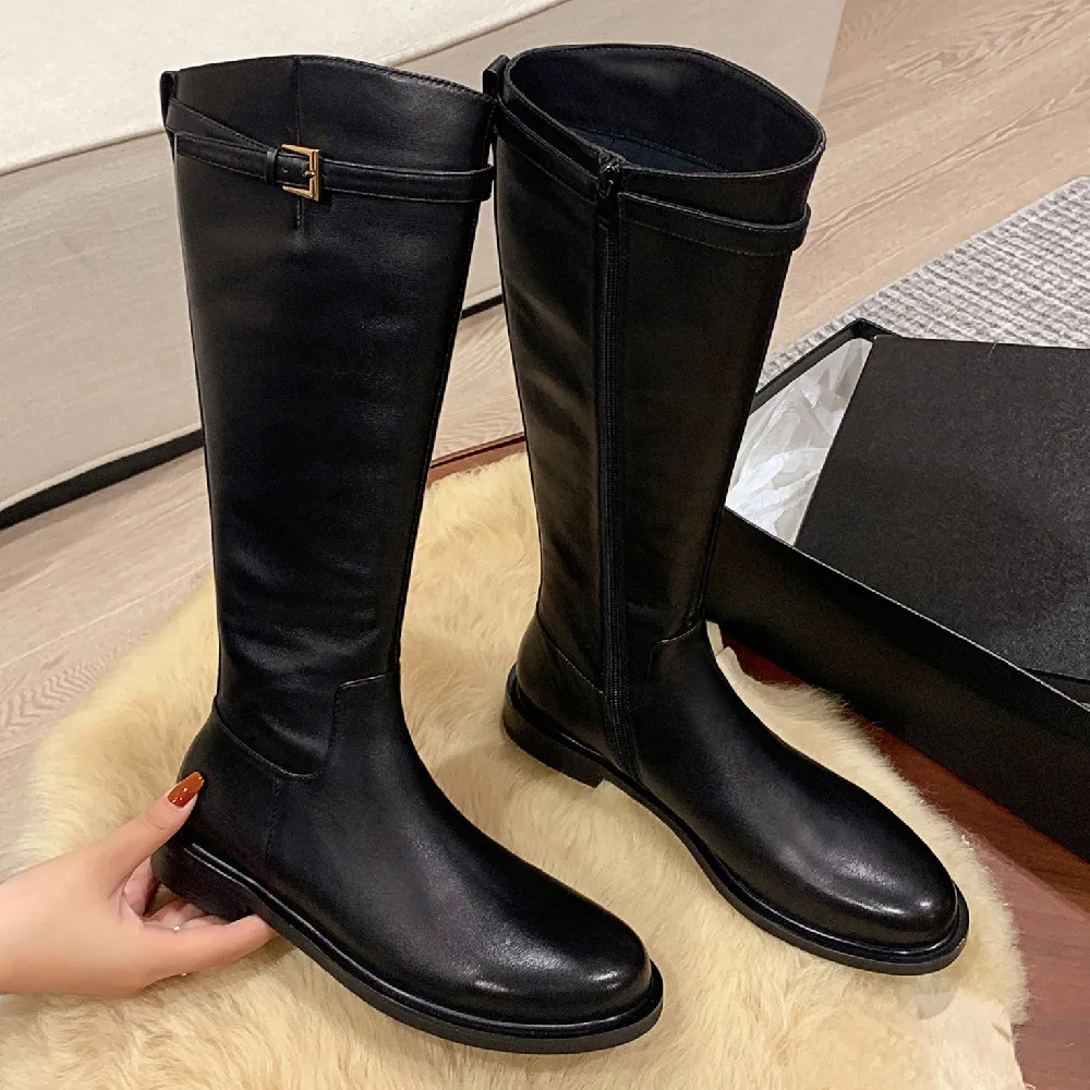 

Women's boots trend 2023 genuine leather side zip autumn knee high boots round toe metal buckle casual female long winter boots