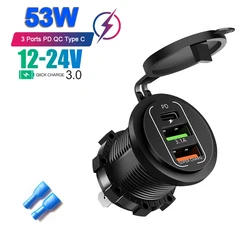 Dual Type - C & USB Fast Charging 4 - Port Waterproof Car Charger with Voltmeter (3 Ports 53W)