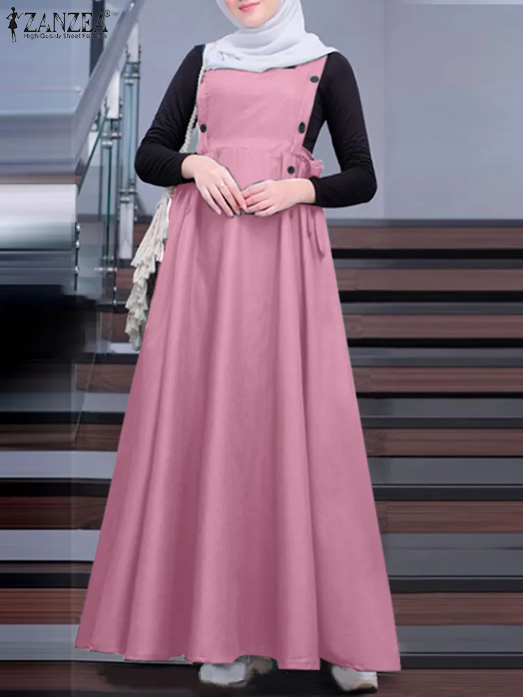

ZANZEA Vintage Spaghetti Strap Muslim Overalls Dress Women Autumn Ramadan Abaya Sundress Kaftan Solid Long Vestido Eid Mubarek