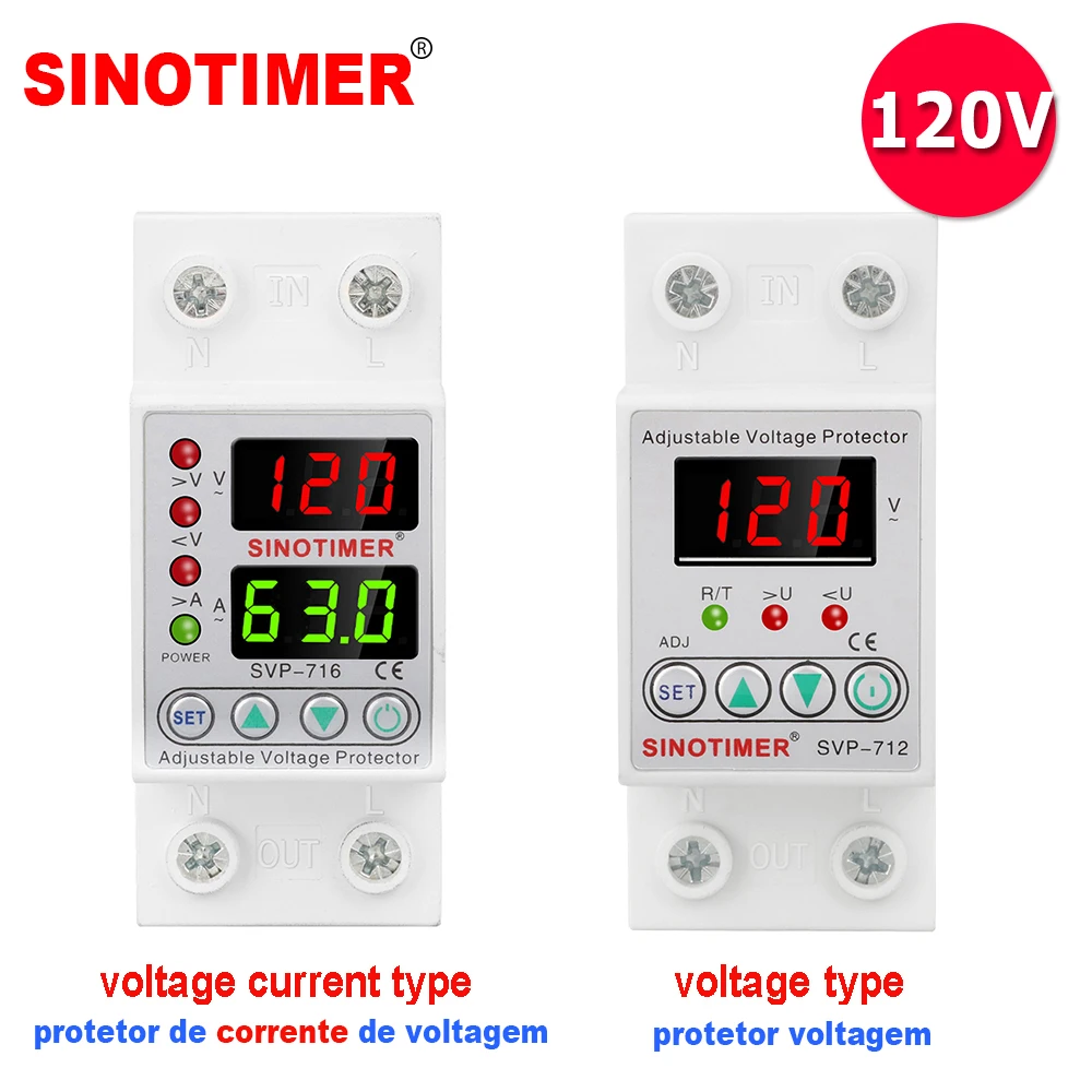 Sinotimer SVP716 110VAC 120VAC 40A 63A Din Rail Dual Display Adjustable Over Voltage Current and Under Voltage Protective Device Protector Relay