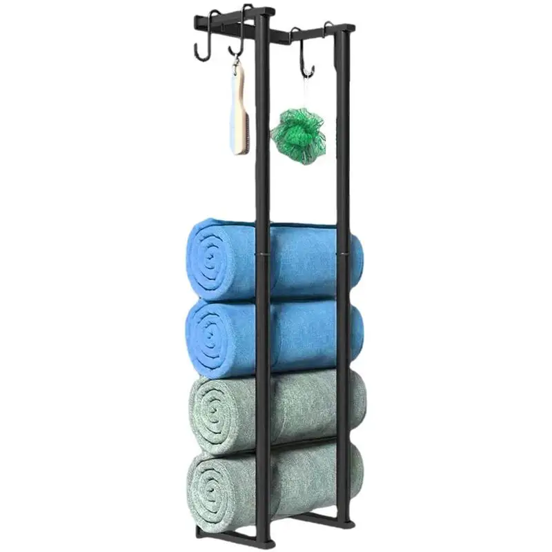 

Wall Towel Rack for Rolled Towels Wall Mounted Bath Towel Holder with 4 Hooks Upgrade Bathroom Towel Organizer Daily Storage