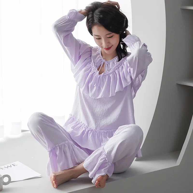 Spring New Cloud Cotton Pajamas Long Sleeve Pants Two-piece Set Palace Style Costume Lotus Leaf Edge Home Fury Clothes for Women