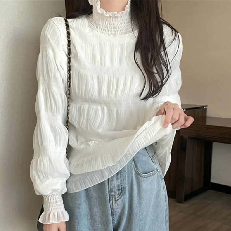 

Осенняя женская шифоновая блузка с полувысоким воротником, повседневные топы с длинным рукавом, женский свободный пуловер, рубашка, женские блузы