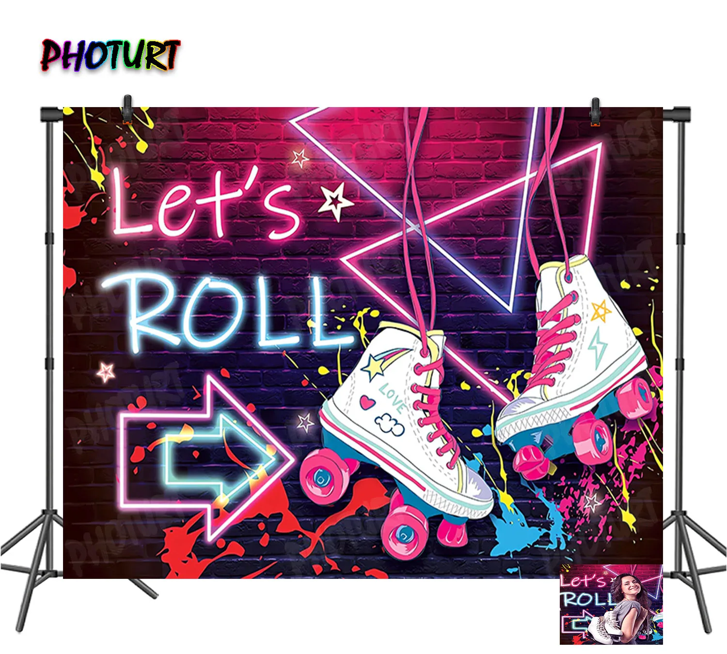 

Photurt Let's Roll Backdrop Girl Birthday Party Background Roller Skating Purple Neon Glow Vinyl Polyester Photography Props