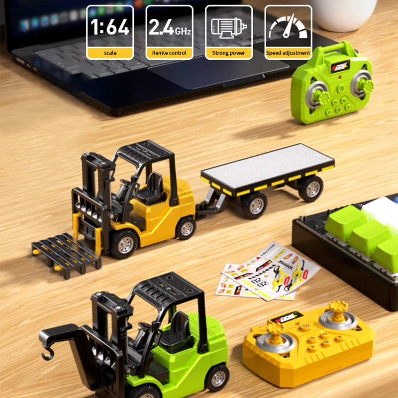Mini Rc Truck Forklift 1/64 Alloy Diecast With Trailer Remote Control Desktop Cars For Boys Liftable Electric Excavator Kid Gift