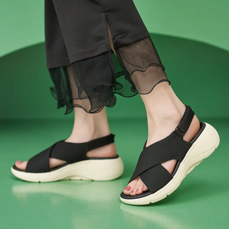 Women's Sandals Summer 2024 Casual Non-Slip Canvas Comfort MD Platform Wedge High Heels Open Toe Elegant Shoes Woman Beach Party