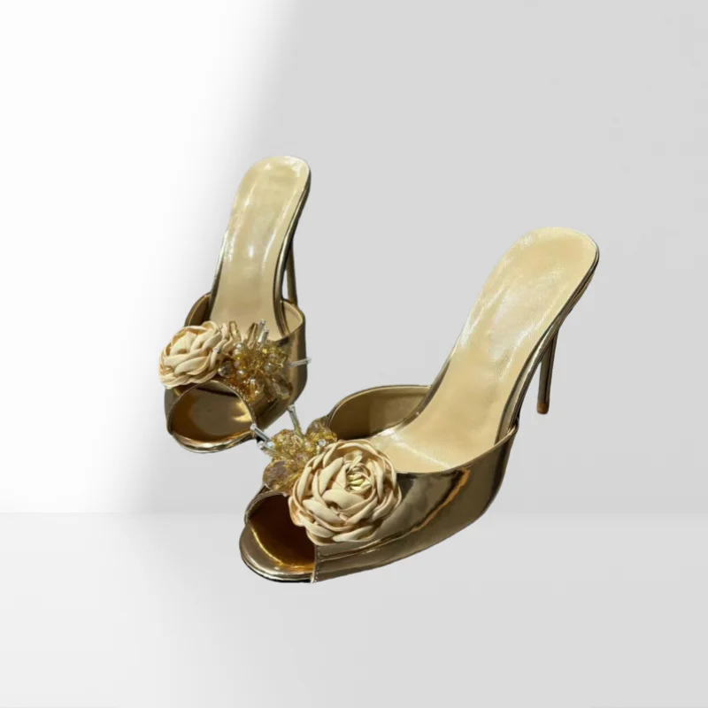 Golden Pointed Peep Toe Thin Heels Spring New Women Slippers Rose Crystals Decor Heels Elegant Banquet Dress Lady Shoes