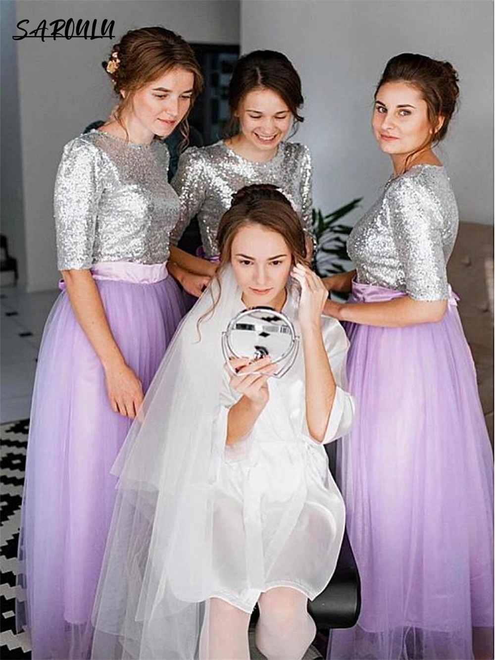 Vestidos De dama De honor brillantes De media manga con lentejuelas, hasta el suelo De una línea vestido elegante, vestido De cola De gallo,