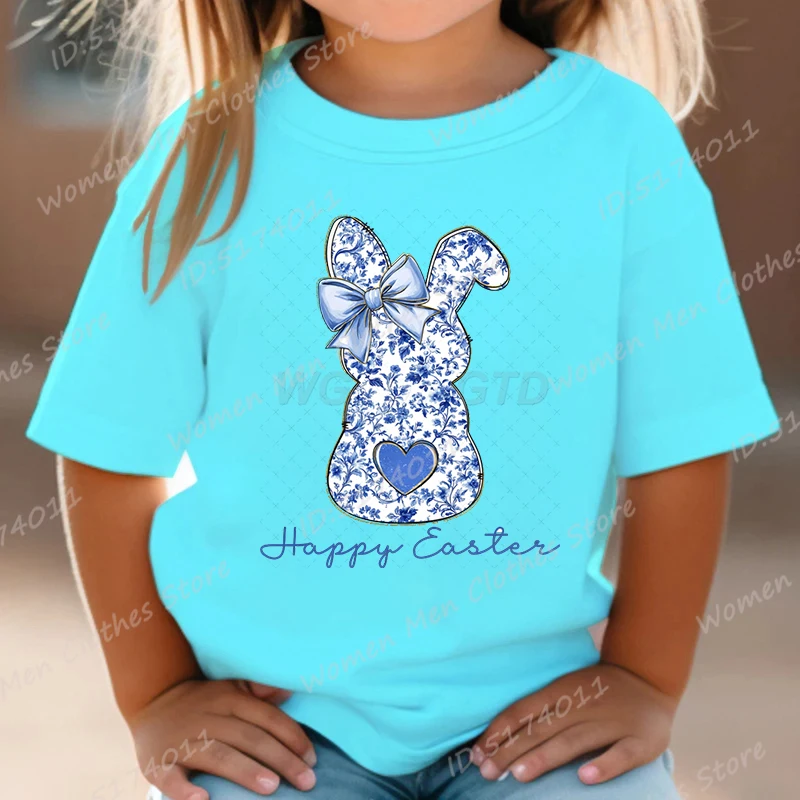 Happy Easter Floral Bunny Print T-shirt, Easter Day Tees, Cute Bunny T-shirts, Casual Short Sleeve Tshirt, Children Girl T-shirt