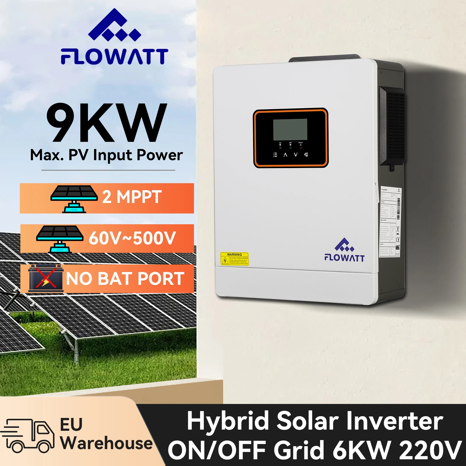 FLOWATT 6KW 2-MPPT Hybrid Solar Inverter ทํางานโดยไม่ต้องใช้แบตเตอรี่ Pure Sine Wave, Off Grid ไม่มีพอร์ตแบตเตอรี่ 1