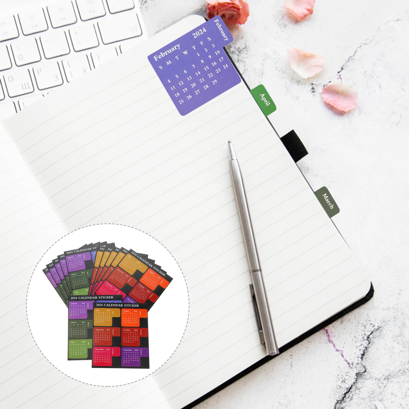 

12 Sheets Portable 2024 Index Office Calendar Monthly Label Paper Planner Stickers