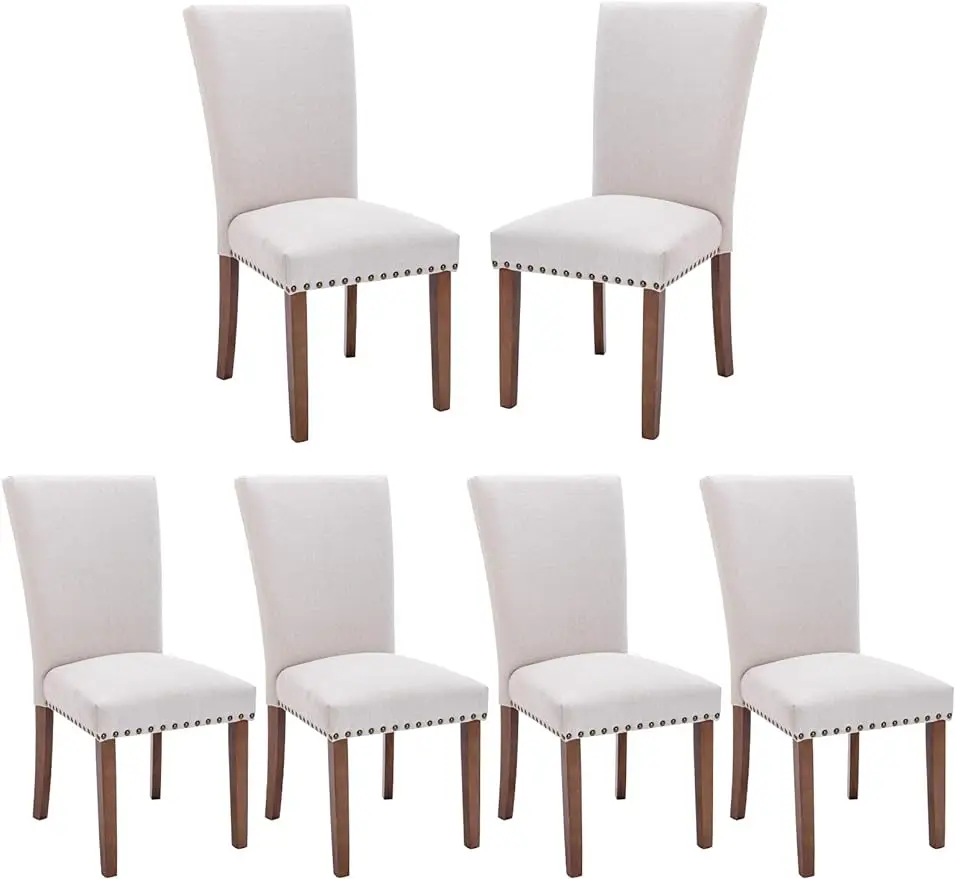 

COLAMY Upholstered Parsons Dining Chairs Set of 6, Fabric Dining Room Kitchen Side Chair with Nailhead Trim and Wood Legs -Beige