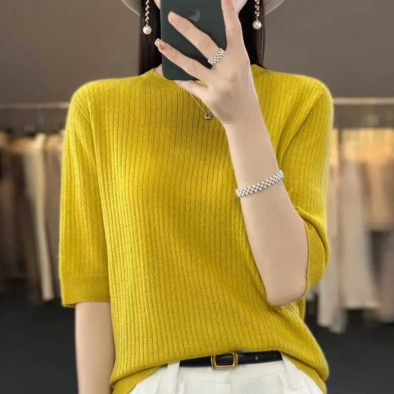 

2024 New Spring and Summer New Short-sleeved Women O-neck Slim Wool Cotton Blend Pullover Vest T-shirt Knitted Base Sweater