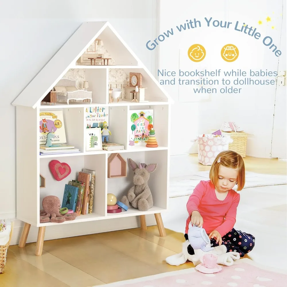 Kids Dollhouse Bookshelf and Baby Storage - Wooden Stand Dollhouse Bookcase with 4-Tier Storage Display Organizer, Children Book 3