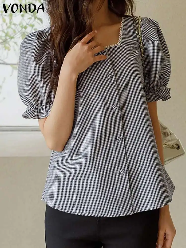 

Casual Blouse Women Short Sleeve Plaid Shirts 2023 VONDA Summer Printed Beach Tops Female Square Neck Blusas Puff Sleeve Shirts