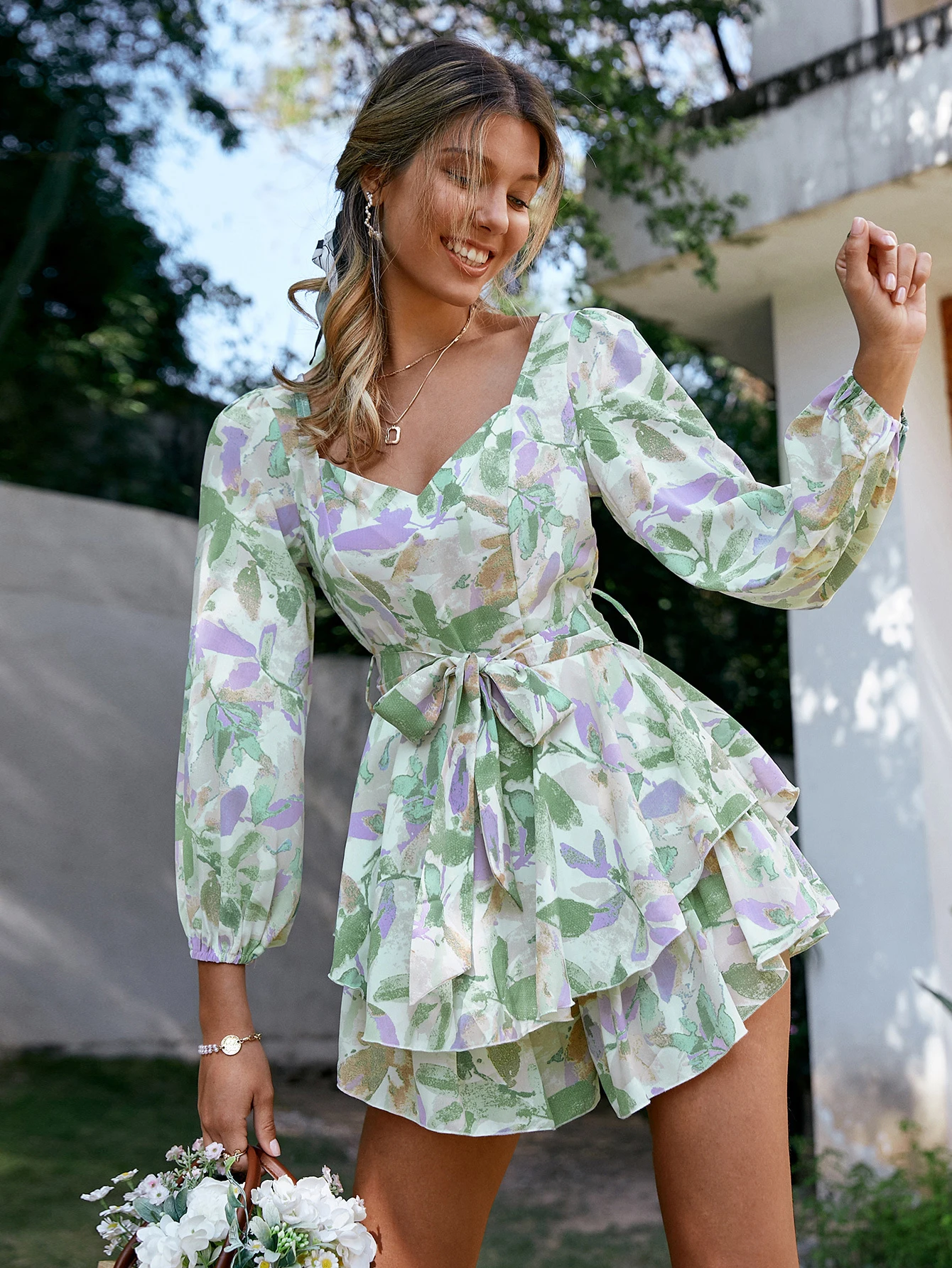 

Ruffle Long Sleeve Belt Print Jumpsuit Summer Ladies Lace Up Floral Mini Dress A-Line V-Neck Beach Jumpsuit Women 2022