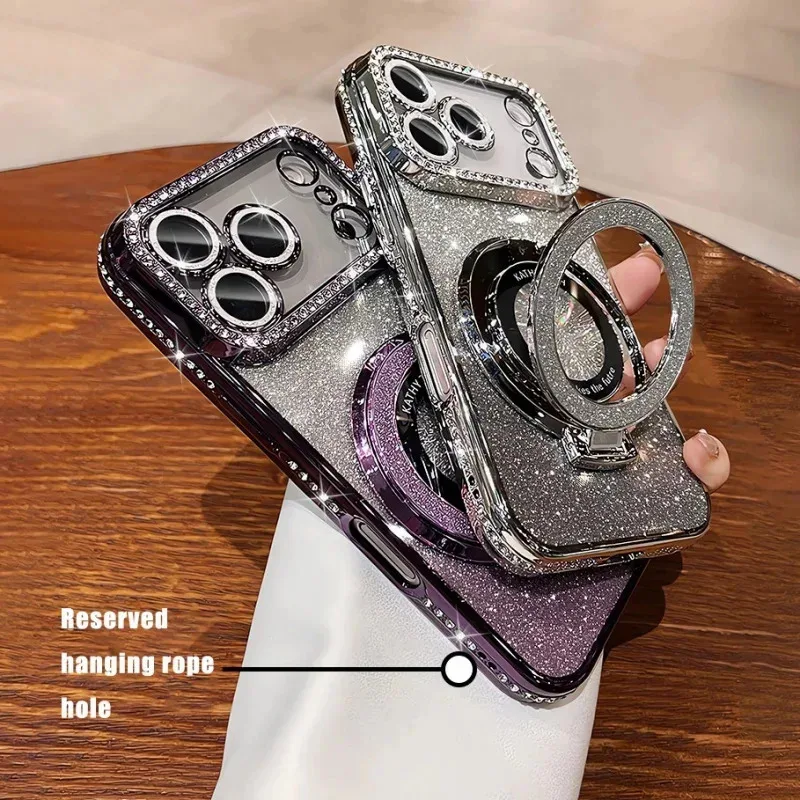 Plating transparent diamond glitter magnetic phone case for iPhone 17 16 13 14 15 Pro Max lens protection bracket back cover 3