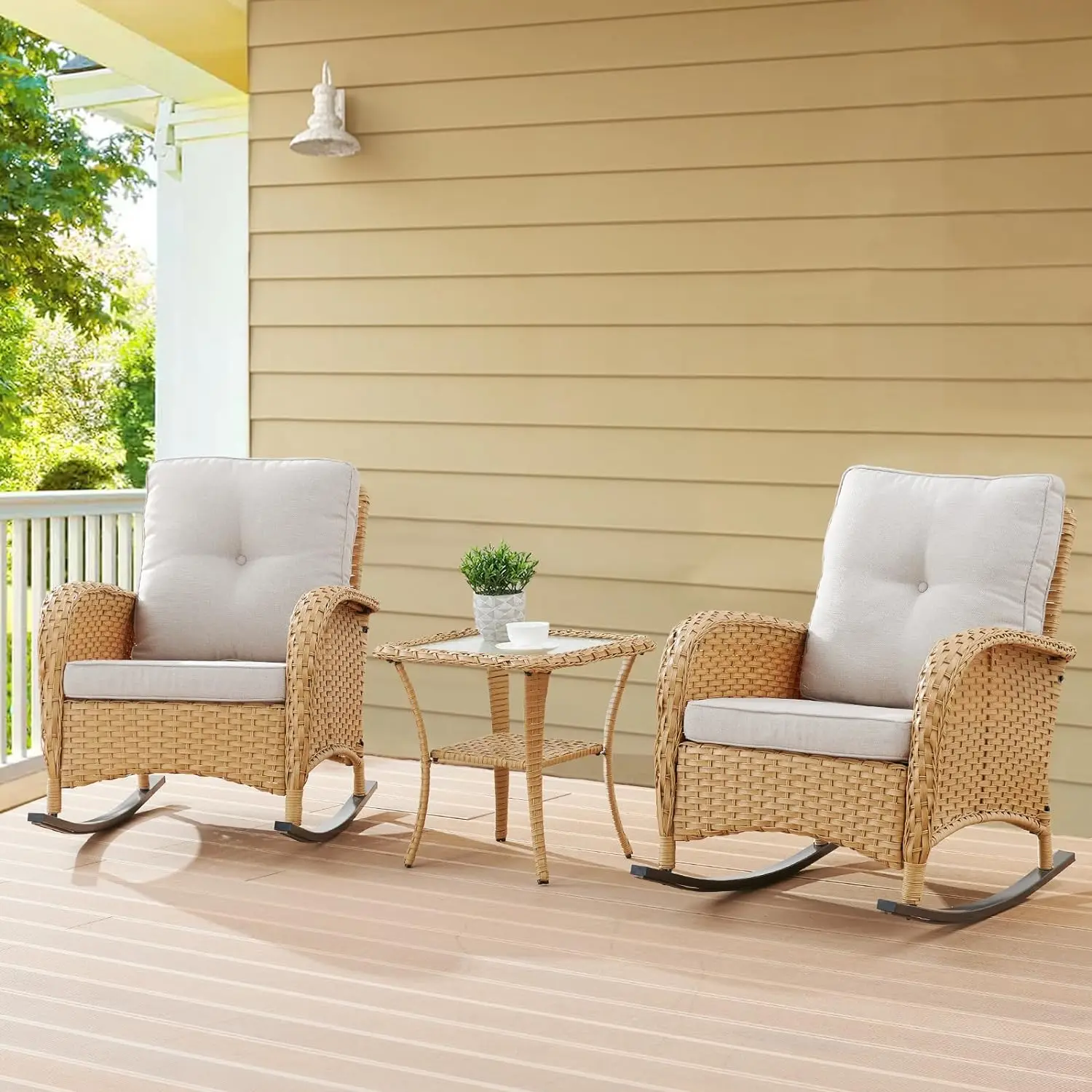 

Wicker Rocker Rocking Chairs for Porch, 3 Pieces Patio Furniture Sets Rocking Bistro Set with Cushions and Side Table