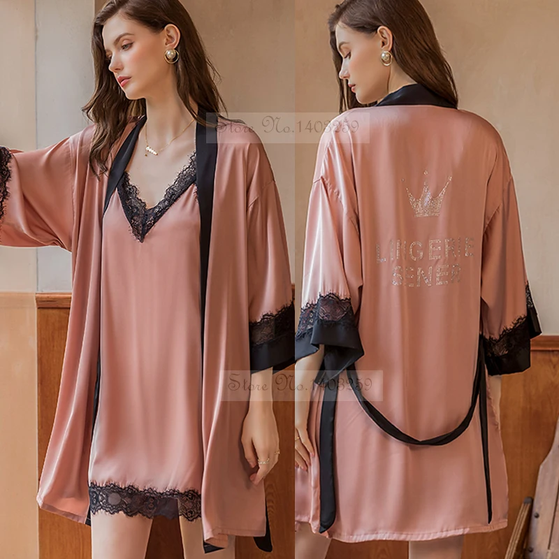 

Костюм женский атласный из двух предметов, пикантный Свадебный халат-кимоно, ночная рубашка, кружевная одежда для сна, на лето