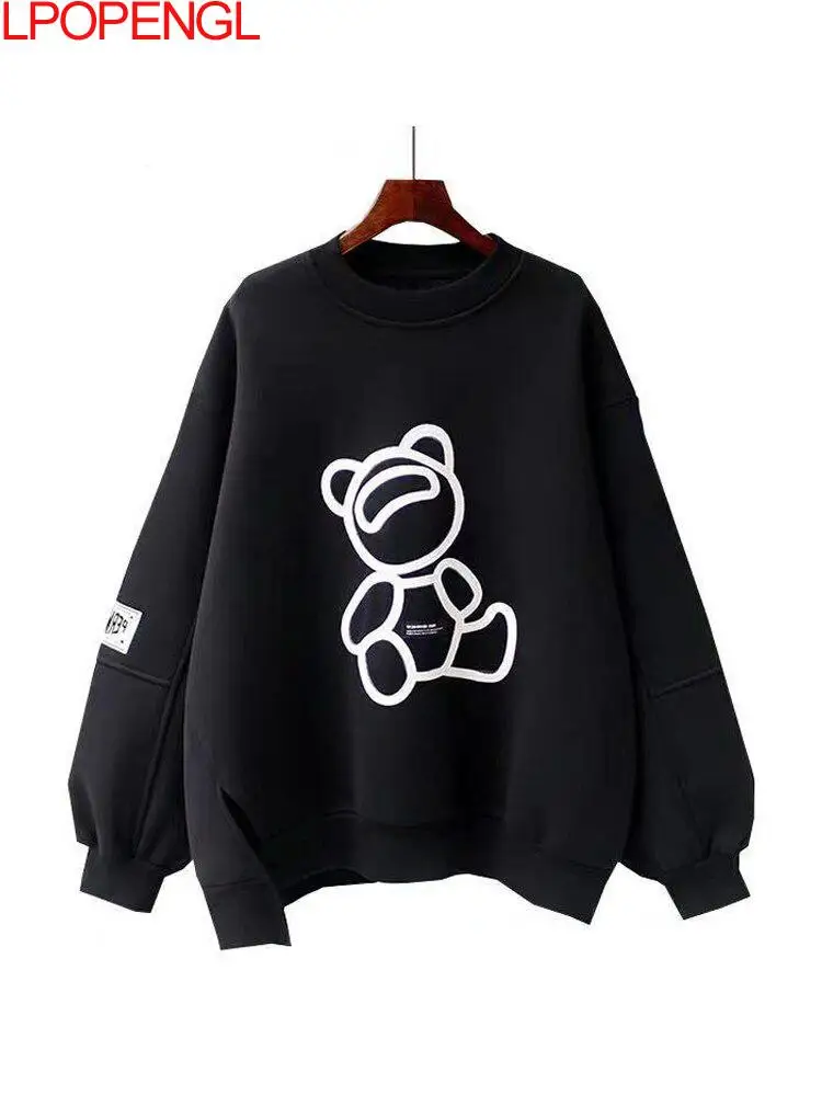 Women Hoodies Korean Kawaii Cartoon Print Female Sweatshirts O Neck Long Sleeve Thick Outwear  Oversize Casual  Pullovers Top y2k letter jacquard logo oversize sweatshirts men women high quality o neck cole buxton knit sweater