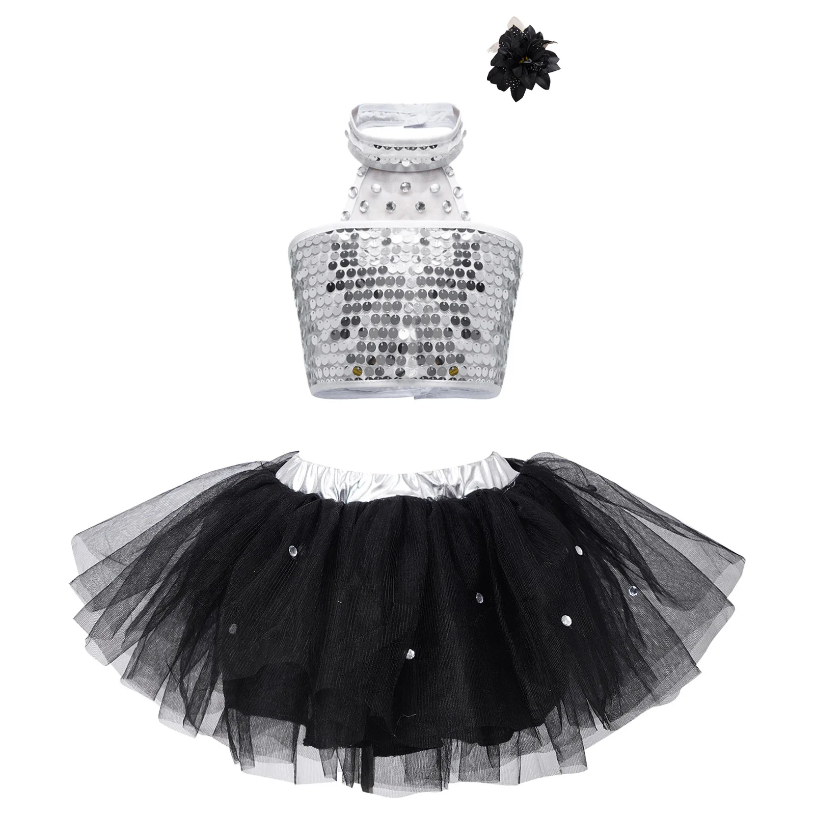 New Jazz Dancewear Kids Girls Modern Ballet Dance Tutu Dress Shiny Sequins Sleeveless Halter Crop Top+Mesh Skirt+Hairpin Outfits kids summer dot 3d princess mesh puffy ballet dance baby girl tutu skirt infant outfits flower mesh rainbow tutus girls skirts