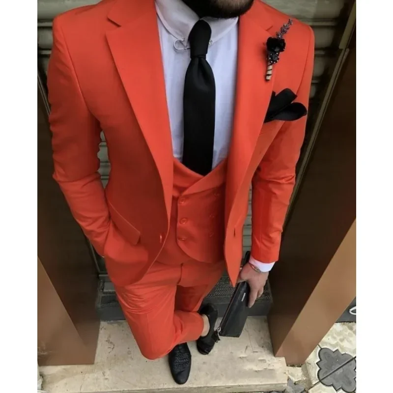 3Pc Orange Red Notch Lapel Men Suit Costume Homme Groom Wedding Tuxedo Prom Masculino Slim Fit Blazer Trousers Jacket Pants Vest