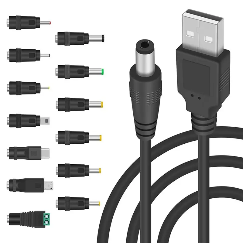 QWE-2X 5V DC 5.5 2.1Mm 잭 충전 케이블 전원 코드, USB-DC 전원 케이블(26개의 교환 가능 플러그 커넥터 포함)