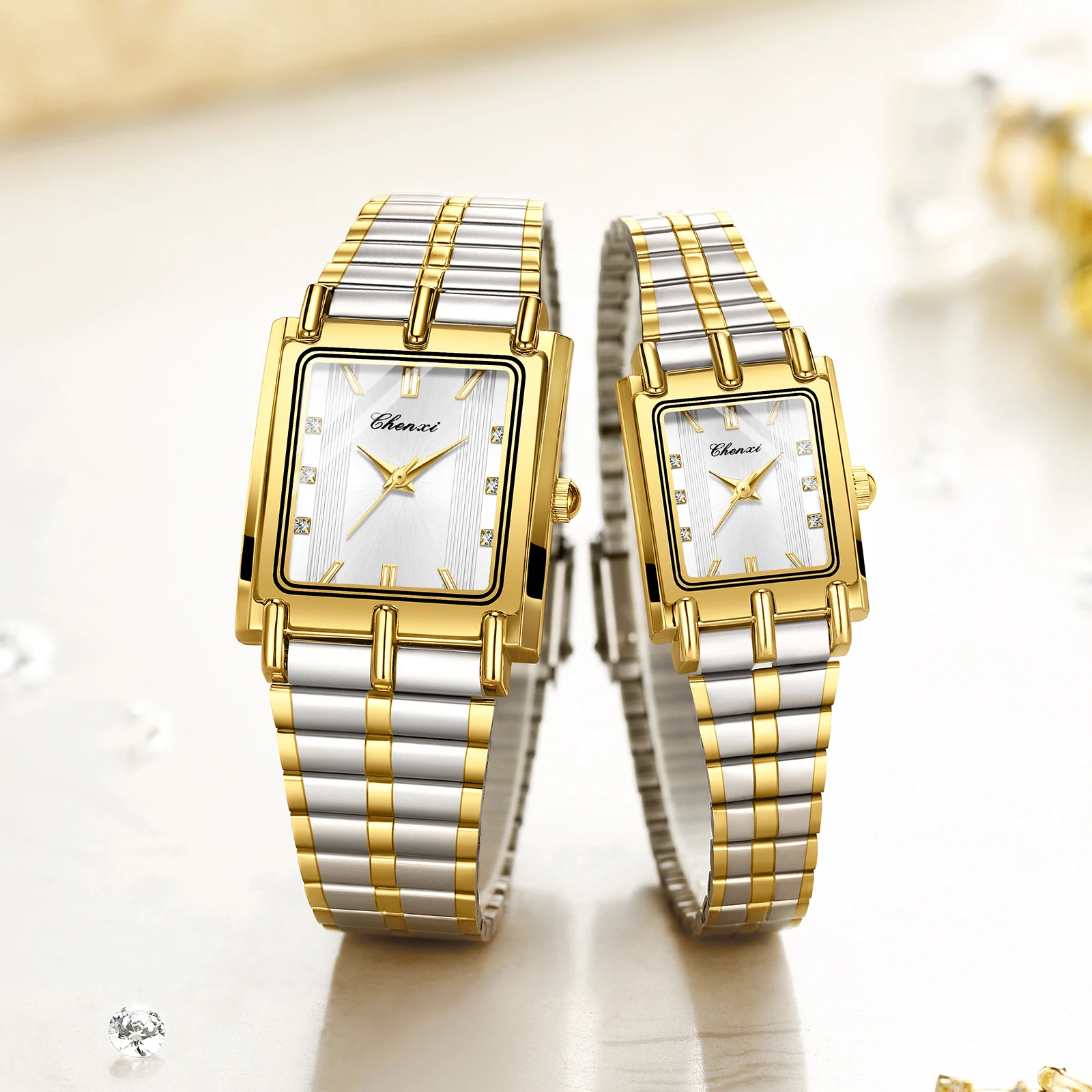 CHENXI 106 New 1pc Fashion Couple Exquisite Rectangle Watch Quartz Top Brand Stainless Steel Male and Female Couple Watch Gift