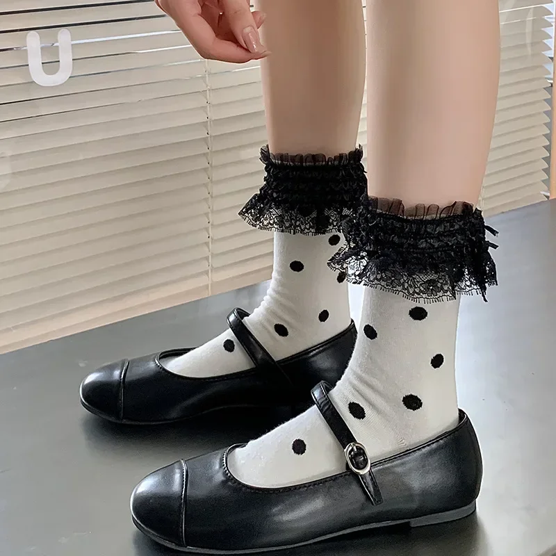 

Polka Dot Princess Socks Sweet Girls Lacework Ruffles Socks Women Fashion JK Japanese Style Kawaii Cute Black White Socks Lolita