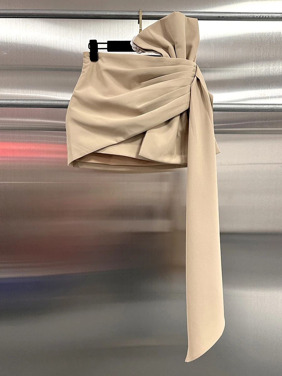 CHICEVER Solid Sexy Spliced Bowknot Mini Skirt For Women High Waist Pathwork Asymmetrical Hem Bodycon Skirts Female Clothing New